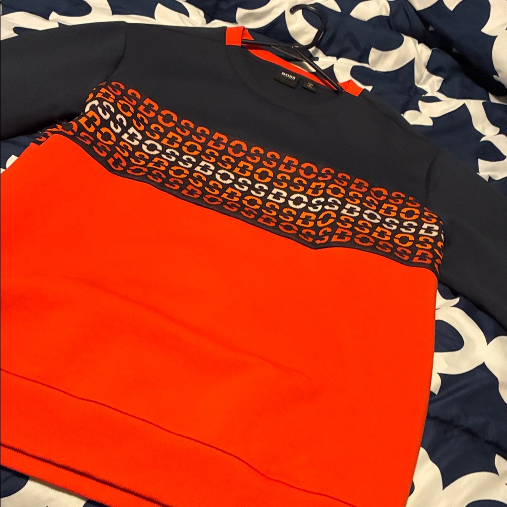 Hugo Boss Vibrant Orange and Black Crewneck Sweater